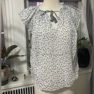 Ulla Johnson White Blouse with Navy Floral Print and Tassel Tie